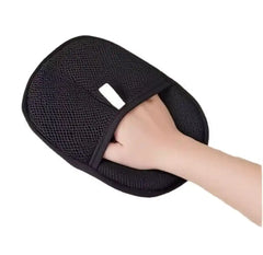 Pet Hair Removal Glove - Electrostatic & Reusable in black, shown on hand with mesh surface for grooming cats and dogs. Size 24x16 cm, single glove.