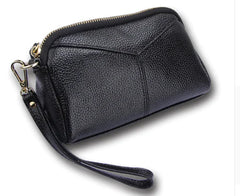 Sequin-detail leather makeup clutch bag open showing interior zipper pocket and cell phone pocket