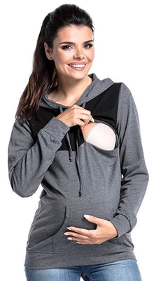 Hooded maternity nursing sweatshirt in black colorblock design, front view, sizes S–XXL