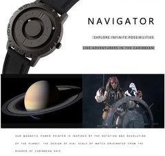 Promotional image of Men's Magnetic Ball Watch with planetary and nautical inspiration, emphasizing its creative and adventurous design.