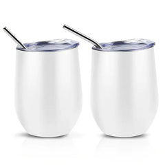 12oz Stainless Steel Wine Tumblers Set of 2 – Double Wall Insulated with Lid & Straw