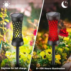 Colorful waterproof solar garden light with vintage design shown charging in daylight and glowing red at night. Ideal for landscape pathway lighting.