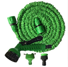 Expandable hose & pressure washer in green with 7 spray modes, ideal for garden cleaning and irrigation. Lightweight and flexible for all water pressures.