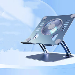 Aluminum laptop stand with built-in cooling fan, adjustable height, shown on desk with laptop