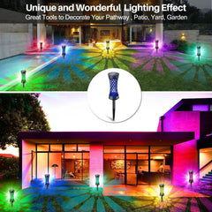 Colorful waterproof solar garden light illuminating a modern yard with vibrant LED patterns. Ideal for pathways, patios, and outdoor garden decor.