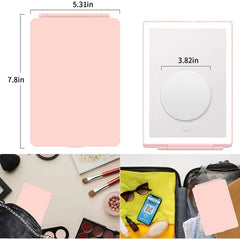 Foldable LED makeup mirror open and illuminated showing full LED strip lighting