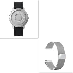 Men's Magnetic Ball Watch with silver dial and black strap, paired with a silver mesh band for versatile, modern styling.