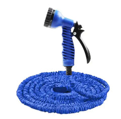 Expandable hose & pressure washer in blue with 7 spray modes, ideal for garden cleaning and watering. Lightweight and flexible for easy storage.
